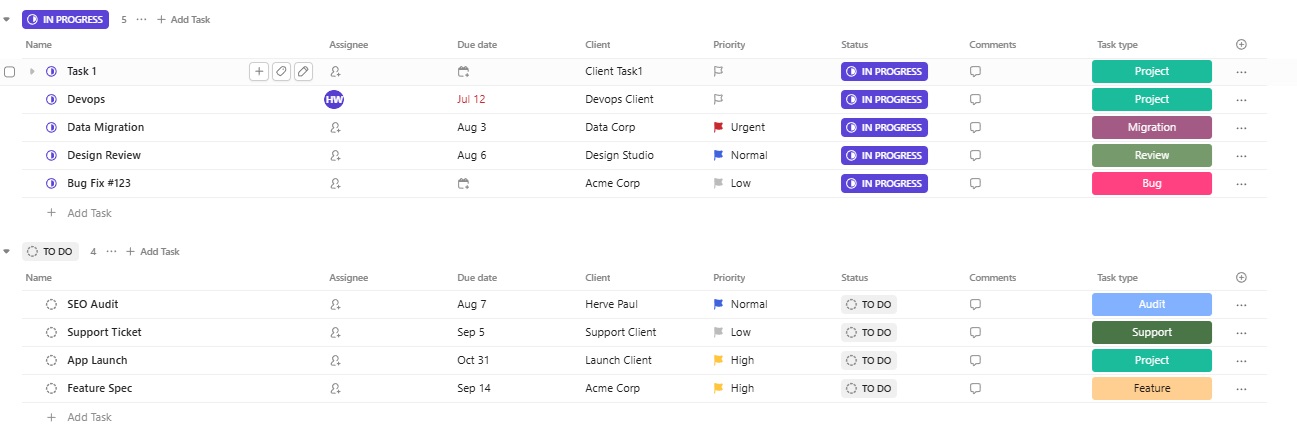 ClickUp task interface showing different task types including Project, Bug, Migration, Review, Support, and Feature tasks