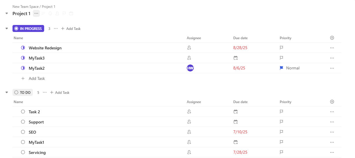 ClickUp project interface showing Project 1 with tasks like Website Redesign and other project-related tasks