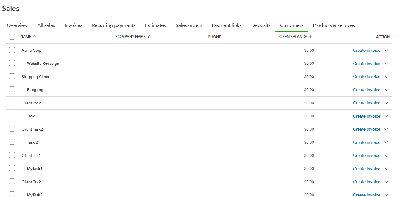 QuickBooks Online customers page showing sub-customers like Website Redesign, Blogging, and Client Tasks created from ClickUp projects