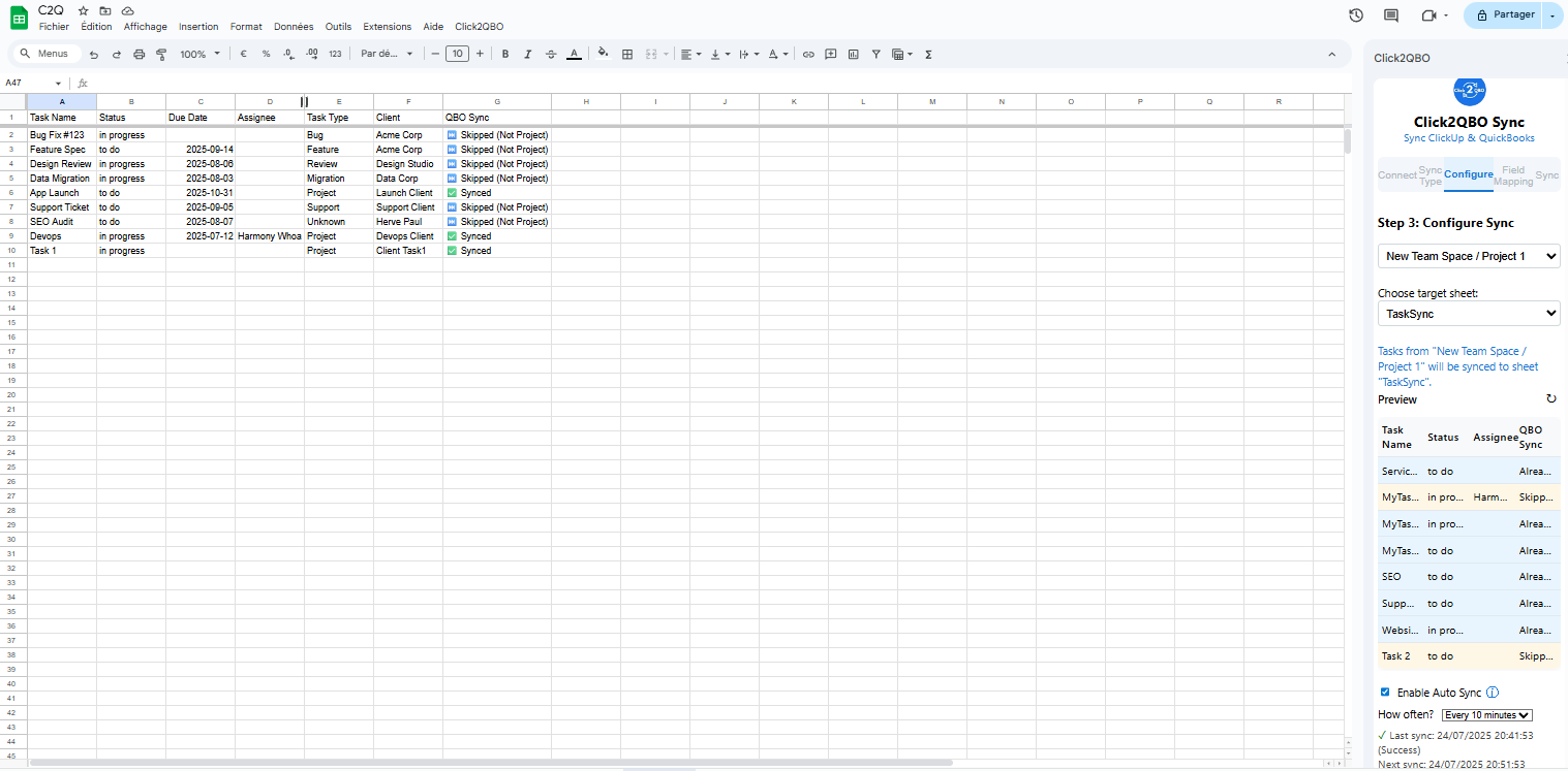 Click2QBO Google Sheets sync interface showing ClickUp tasks with sync status